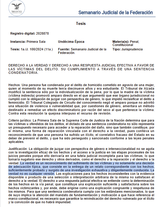j_olar's tweet photo. Esta tesis es un poema al derecho a la verdad: 

La verdad es un reconocimiento del sufrimiento de las víctimas y no solamente una decisión de adecuación típica, que consiste en la entrega de un relato correspondiente con los hechos, suficientemente probado y surgido de una investigación exhaustiva y diligentemente conducida. La verdad no es cualquier versión.