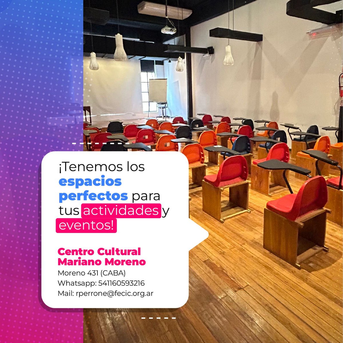 FundacionFECIC's tweet photo. ¿Sabías que contamos con distintas salas para que puedas realizar tus #eventos? 🙌🏽

📍Estamos en el Centro Cultural Mariano Moreno, Moreno 431 (#CABA)
📲 Más información por whatsapp: +54 9 11 6438-7996
✉️ Por mail a rperrone@fecic.org.ar

#FECIC2024 #salas #auditorios #alquiler https://t.co/OT1UEBRQEN