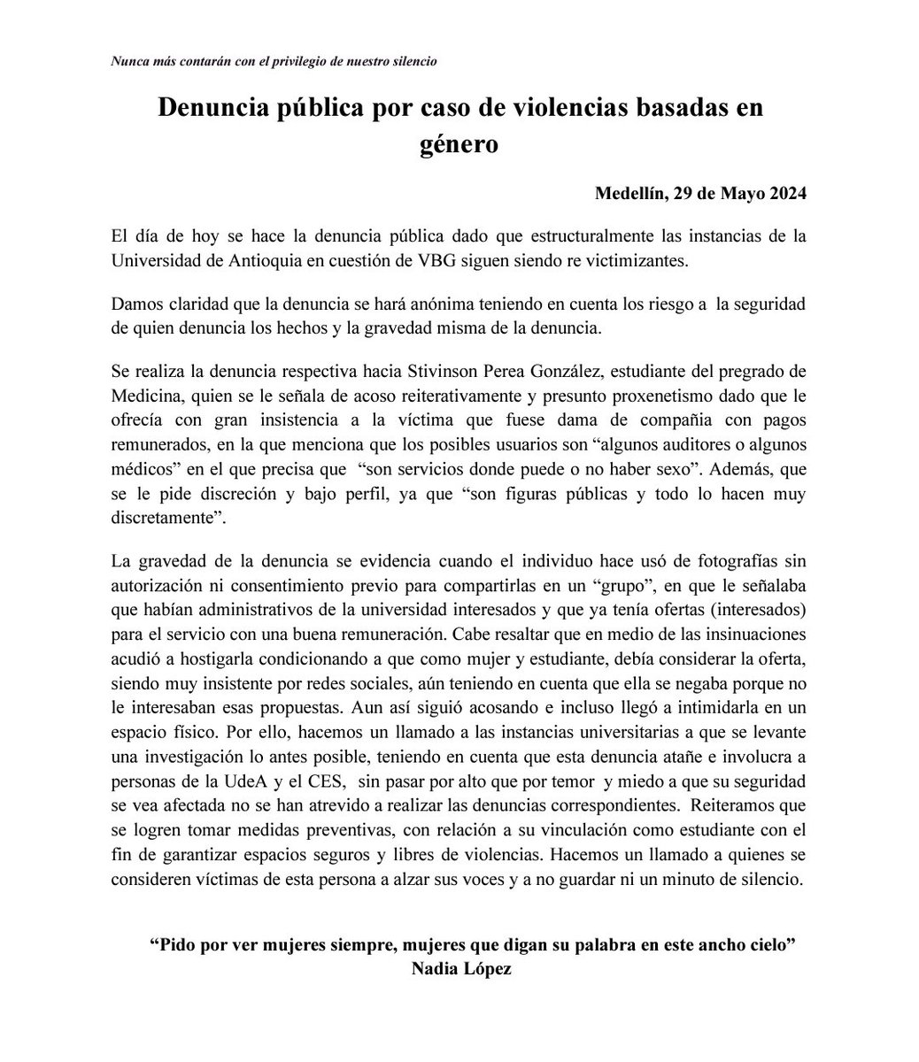 Me preocupa que como @Medicina_UdeA y profesores de @UdeA no se esten tomando medidas o que no podamos tomar medidas. Grave!!!! Muy grave!!!!