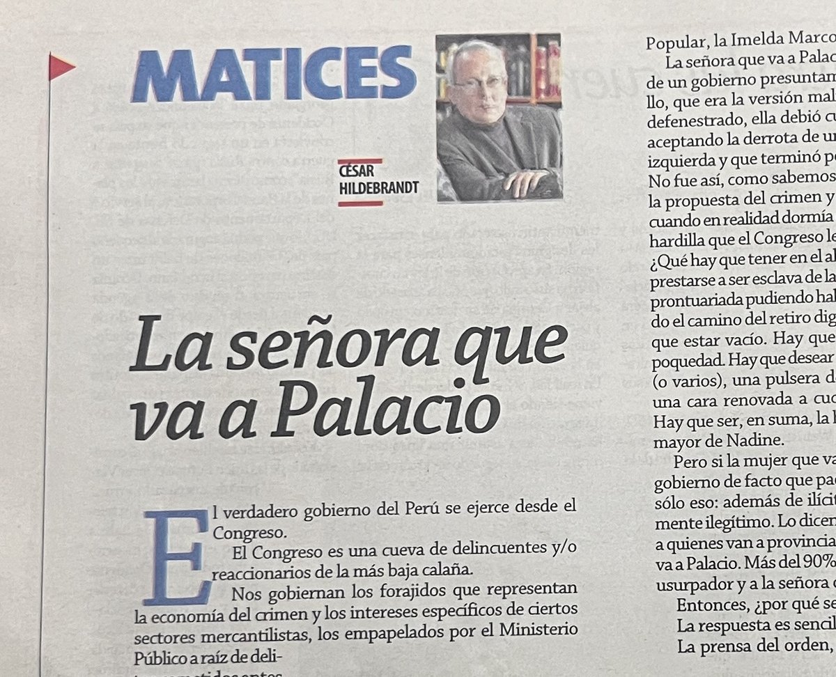 eloymarchan's tweet photo. César Hildebrandt hoy en @ensustrece:
"El verdadero gobierno del Perú se ejerce desde el Congreso. El Congreso es un cueva de delincuentes y reaccionarios(...) Ella (Dina Boluarte) está feliz con ser la camarera de la coalición corrompida que domina el Congreso y decide por ella" https://t.co/svKo32WWWC