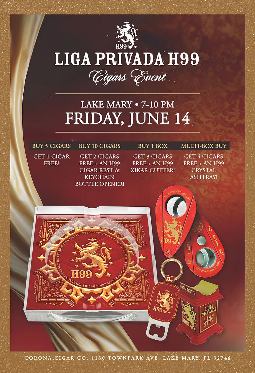 CoronaCigarCo's tweet photo. Come out for the #DrewEstate #LigaPrivada #H99 #Cigars Event happening at #CoronaCigar #LakeMary &amp; take advantage of some amazing offers! https://t.co/c01PFmwNWR