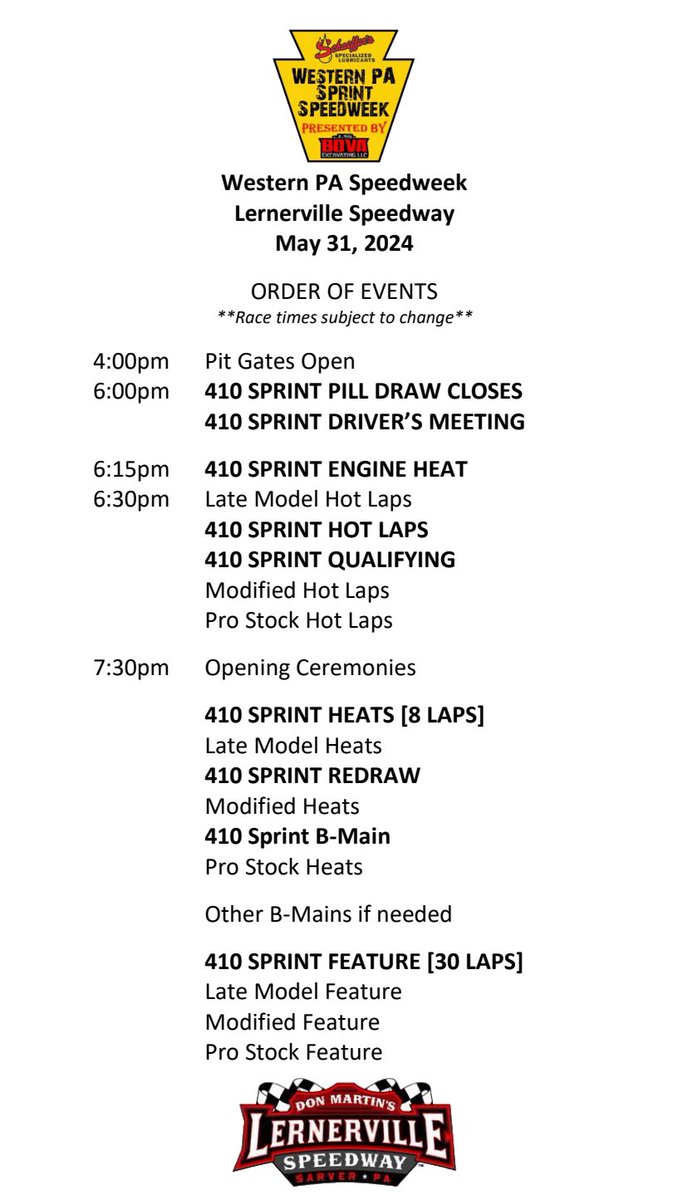 Here is tonight’s racing agenda for Western PA Speedweek Night #3 at <a href="/Lernerville/">Lernerville Speedway</a>