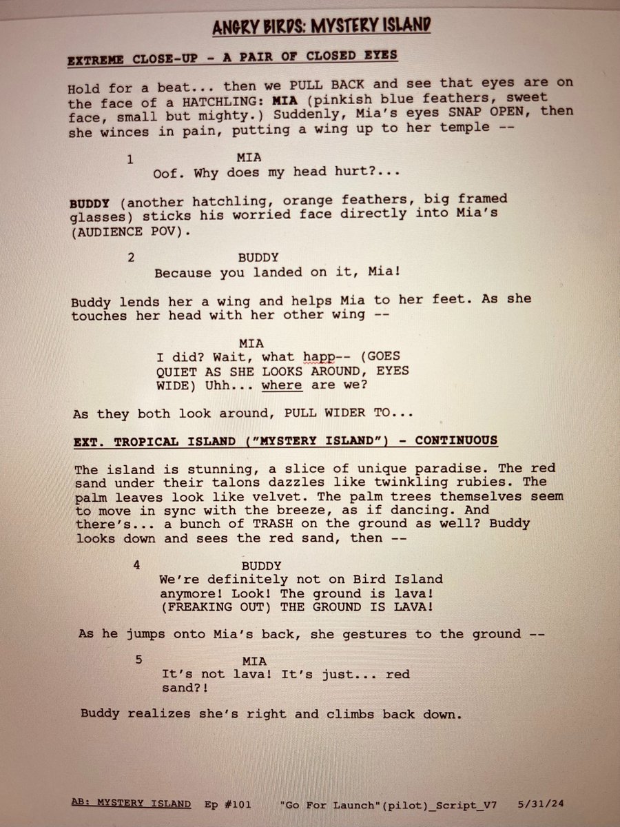 Since a bunch of awesome peeps asked if they could read the pilot script for ANGRY BIRDS MYSTERY ISLAND, thought it might be fun to do a #FirstPageFriday showing what Pg. 1 looked like of the final locked script. So here ya go! #animation
