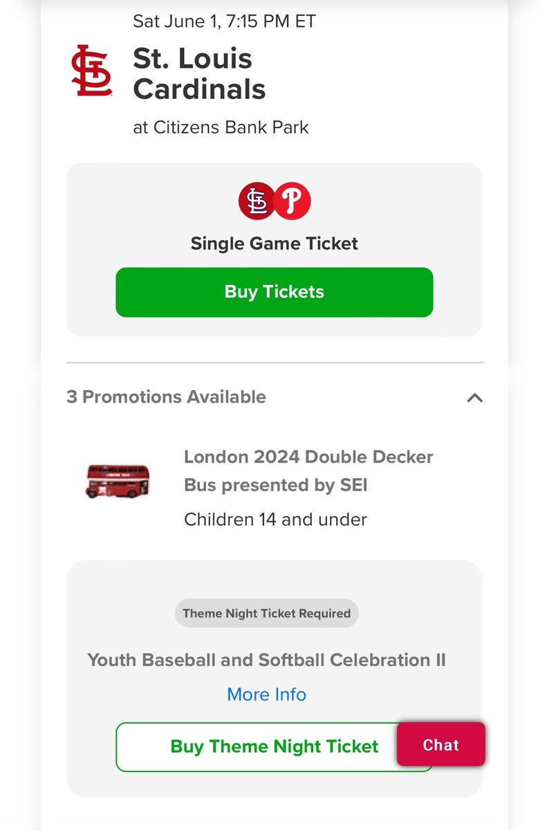 ✨ TICKETS FOR SALE ✨
------------------------
Giveaway: London Double Decker Bus (U14) 
Sat, June 1st vs Cardinals @ 7:15pm

2 aisle seats + preferred parking pass
🔹Total: $220🔹
 --- **Similar seats $130-$140 PER SEAT on SeatGeek/Ticketmaster and no parking pass

Tickets sent