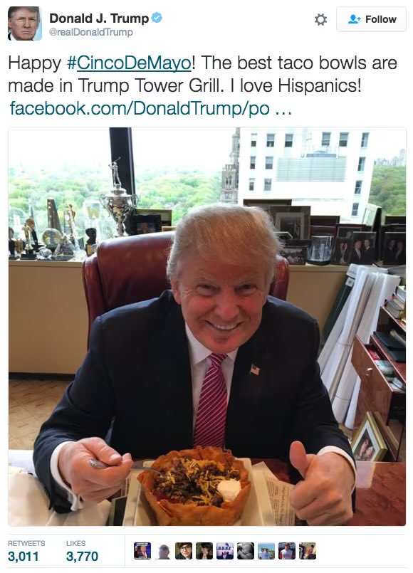 Many of you just recently came to “Don’t Care, Still Trump”.  But he had me at “Taco Bowls”. #VivaTrump #Trump2024