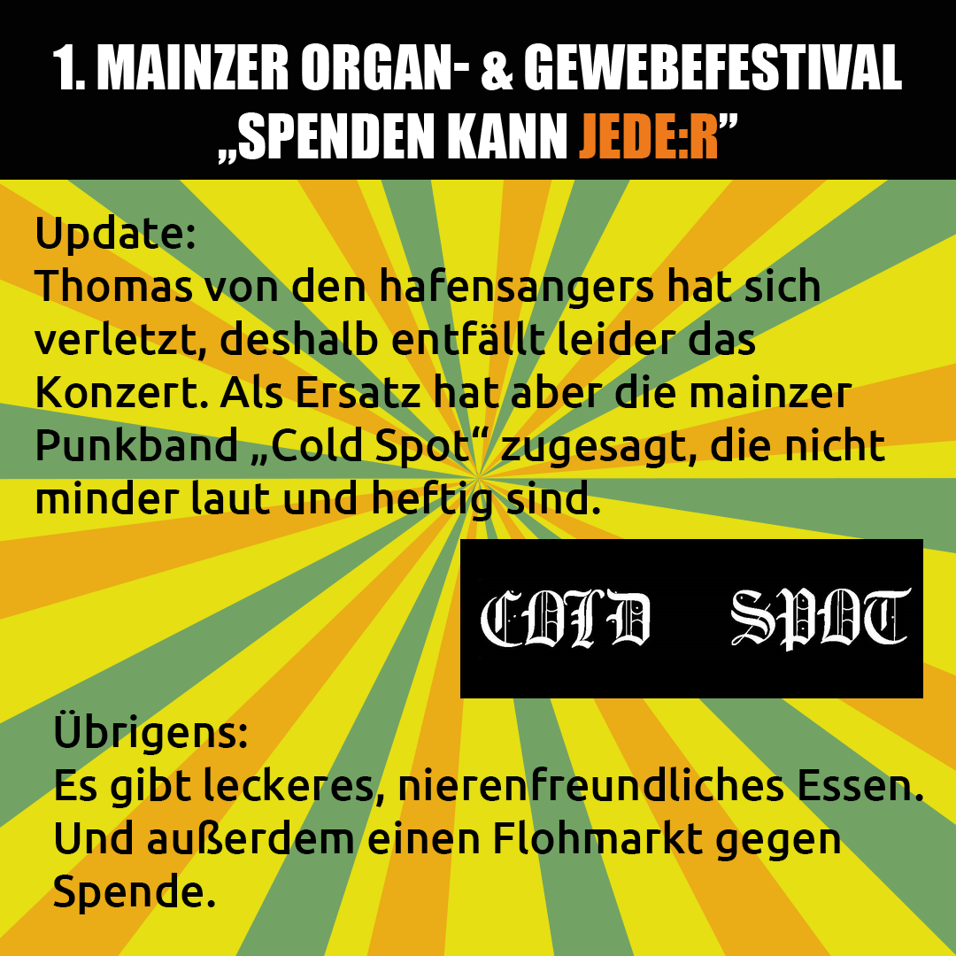 DiatraVerlag's tweet photo. Update zum #Festival: Leider mussten die #hafensaengers krankheitsbedingt absagen. Dafür aber wir die Punkband "Cold Spot" organisieren können.
https://t.co/y84cV9ubzT
#organspende #gewebespende #tagderorganspende #spenden_kann_jedeR https://t.co/MjDTL0wTq2