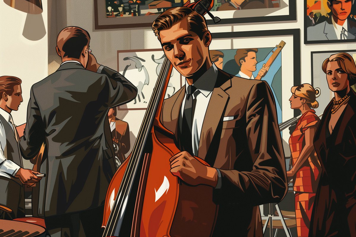 symphonyjazz's tweet photo. Comic book style jazz art at the museum available at https://t.co/UMwkVzEE0T #jazzart #jazzmusic #artmuseaum #bassplayer #bassist #art https://t.co/6Zu1r9XMy2