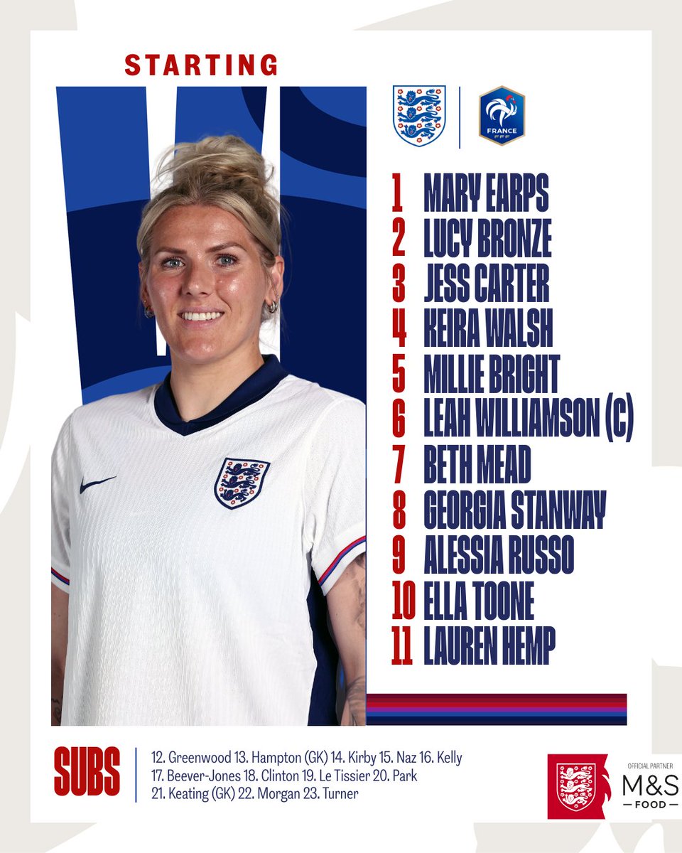 TEAM NEWS! 👏

👊 <a href="/Mdawg1bright/">Millie Bright</a> returns
🧤 Mary Earps set for 50th cap
💫 <a href="/bmeado9/">Beth Mead MBE</a> starts
