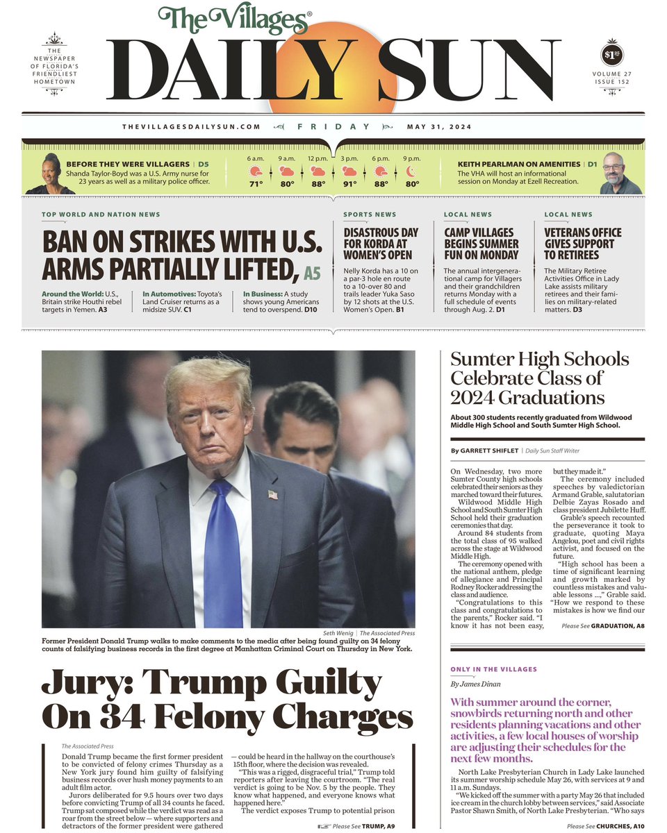 Let's just take a moment to appreciate the way the newspaper for The Villages (the huge intensely conservative retirement community in Florida) tried to downplay the biggest news story in the US right now, Trump's felony conviction

It's so pathetic that it's almost—almost!—cute