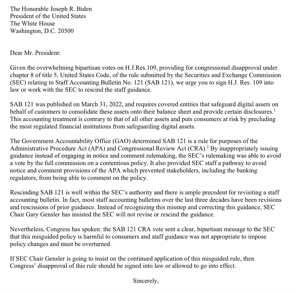 JUST IN: 🇺🇸 Eight US Congressmen and one Senator urge President Biden to  not veto bill that would allow highly regulated financial firms to custody  #Bitcoin and crypto.