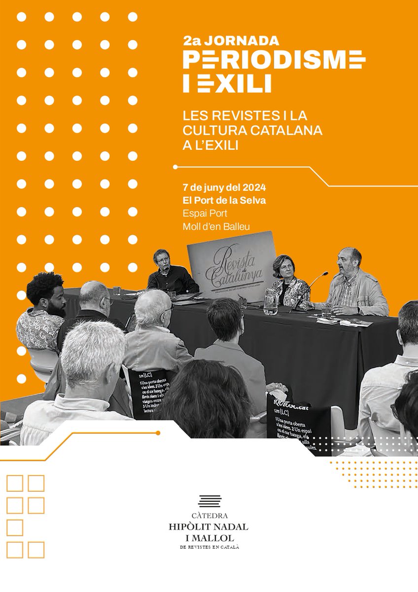 Càtedra Hipòlit Nadal de Revistes en Català (@catedrahnadal) on Twitter photo Recordeu ❗️
La setmana que ve tindrà lloc al Port de la Selva les II Jornades de Periodisme i Exili en col·laboració amb la <a href="/RevistaCat/">Revista de Catalunya</a>
<a href="/univgirona/">Universitat de Girona</a> <a href="/costalluis/">Lluís Costa</a> <a href="/UdGLletres/">Facultat de Lletres UdG</a> @toniiglesies <a href="/revistesAPPEC/">APPEC · Editors de Revistes i Digitals</a> <a href="/elportdelaselva/">El Port de la Selva</a> <a href="/UdGFacTurisme/">Facultat de Turisme</a> <a href="/CComunicacioUdG/">Campus Comunicació</a> <a href="/GrupRecercaCSII/">Comunicació Social i Institucional</a> Recordeu ❗️
La setmana que ve tindrà lloc al Port de la Selva les II Jornades de Periodisme i Exili en col·laboració amb la <a href="/RevistaCat/">Revista de Catalunya</a>
<a href="/univgirona/">Universitat de Girona</a> <a href="/costalluis/">Lluís Costa</a> <a href="/UdGLletres/">Facultat de Lletres UdG</a> @toniiglesies <a href="/revistesAPPEC/">APPEC · Editors de Revistes i Digitals</a> <a href="/elportdelaselva/">El Port de la Selva</a> <a href="/UdGFacTurisme/">Facultat de Turisme</a> <a href="/CComunicacioUdG/">Campus Comunicació</a> <a href="/GrupRecercaCSII/">Comunicació Social i Institucional</a>