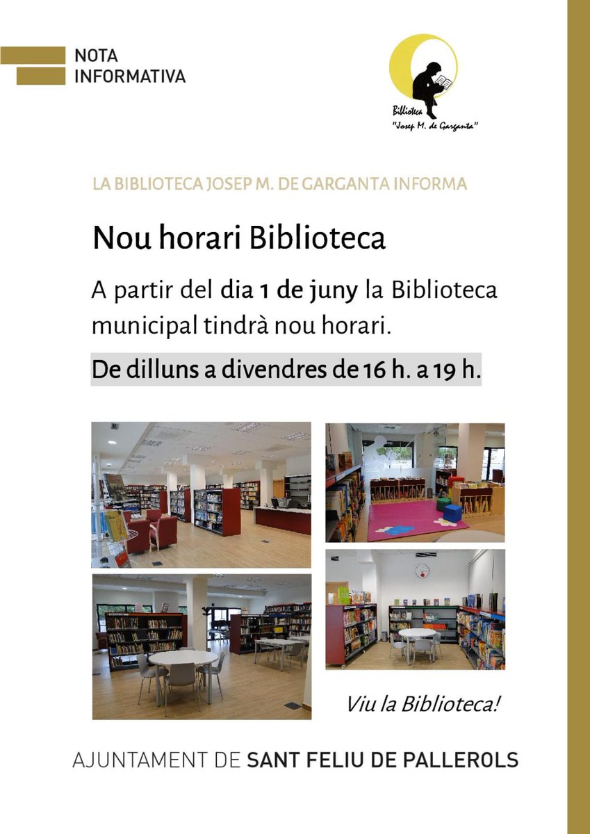 📣Nou horari de la Biblioteca Josep M. de Garganta de #santfeliudepallerols a partir de l'1 de juny.
🗓️De dilluns a divendres
⏰De 16:00 a 19:00 h

#biblioteca #viulabiblioteca