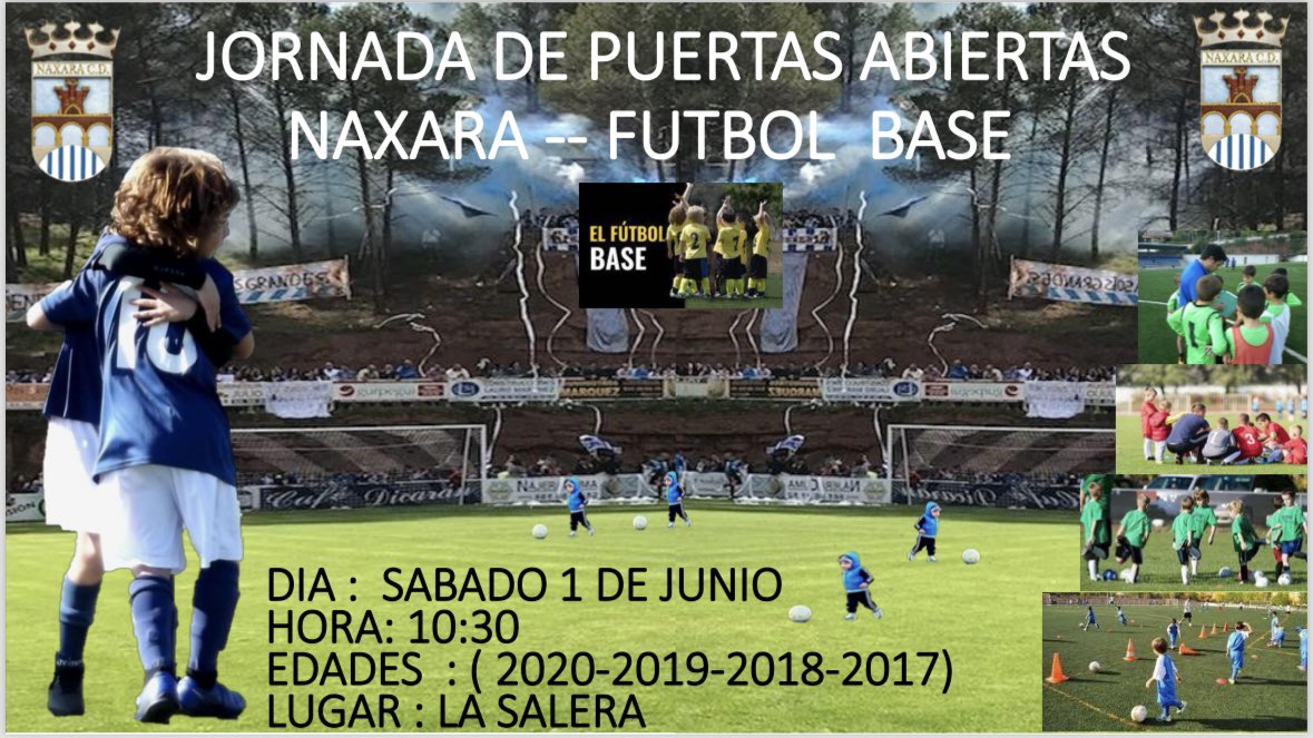 ⚽️ JORNADA DE PUERTAS ABIERTAS ⚽️

Mañana sábado 1 de Junio a partir de las 10:30 horas en #LaSalera para los nacidos entre 2017 y 2020.

#AúpaNáxara #SoyDelNáxara
#NáxaraCDCantera