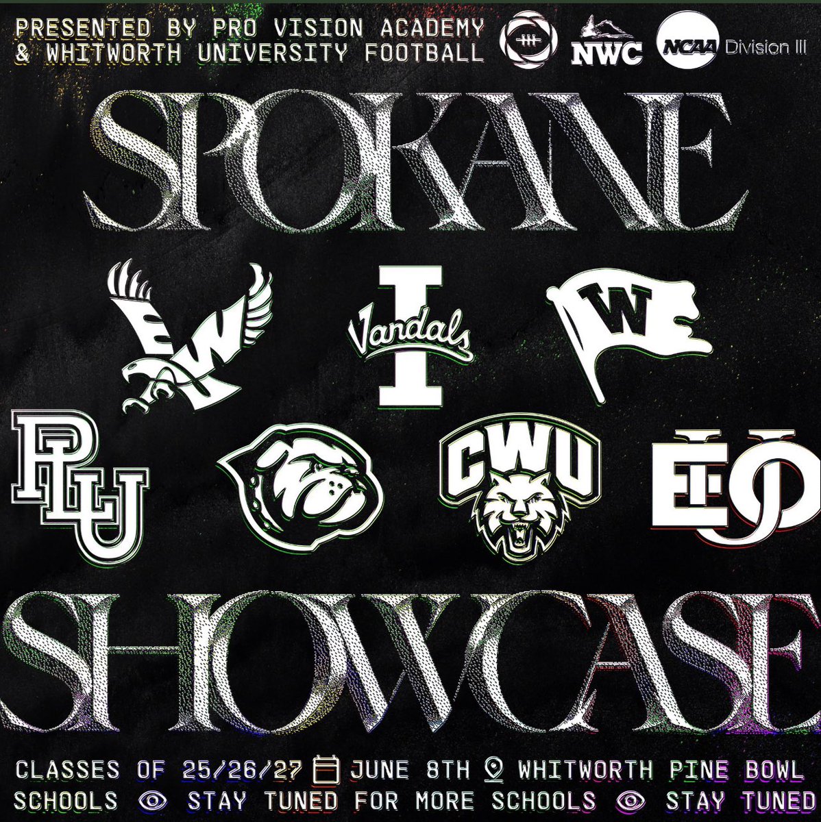 Excited to be competing at the <a href="/ShowcaseSpokane/">Spokane Showcase</a> next week! 
<a href="/LHSBengalsFB/">Lewiston High School Football</a> <a href="/VandalFootball/">Idaho Football</a> <a href="/EWUFootball/">EWU Football 🏈</a> <a href="/WhitworthFB/">Whitworth FB</a> <a href="/EouFootball/">EOU Football</a> <a href="/CWUFB/">CWU Football</a>