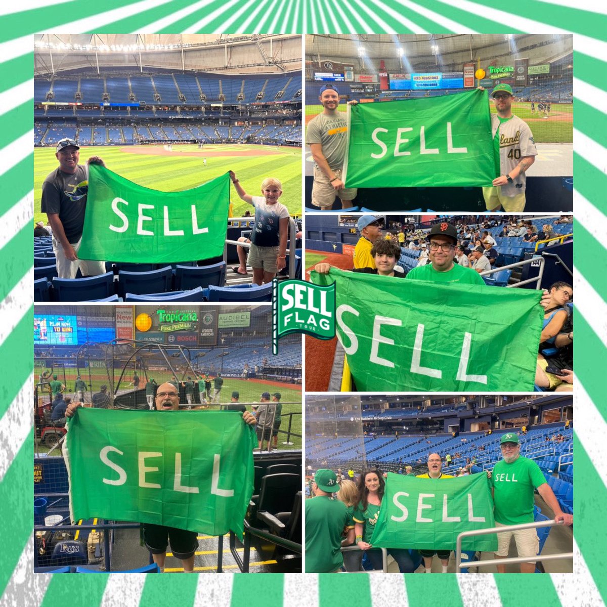We tip our caps and send a big cheers to #RaysUp fans for showing solidarity with A’s fans in TB! 

Loved seeing all the shots from the #SELLFlagTour at the Trop! 

Can’t wait for ATL and SD to stand with us and against our POS owner! #FJF