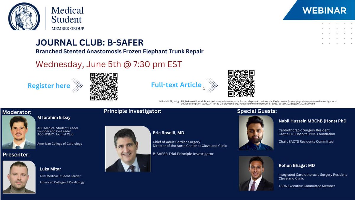 Luka.Mitar (@lukamitar2) on Twitter photo Join us at the <a href="/ACCinTouch/">American College of Cardiology</a> on June 5th for a deep dive into innovations in Aortic Surgery!
Topic: Branched Stented Anastomosis Frozen Elephant Trunk Repair (B-SAFER)
-Insights from a physician-sponsored study at the Cleveland Clinic Join us at the <a href="/ACCinTouch/">American College of Cardiology</a> on June 5th for a deep dive into innovations in Aortic Surgery!
Topic: Branched Stented Anastomosis Frozen Elephant Trunk Repair (B-SAFER)
-Insights from a physician-sponsored study at the Cleveland Clinic