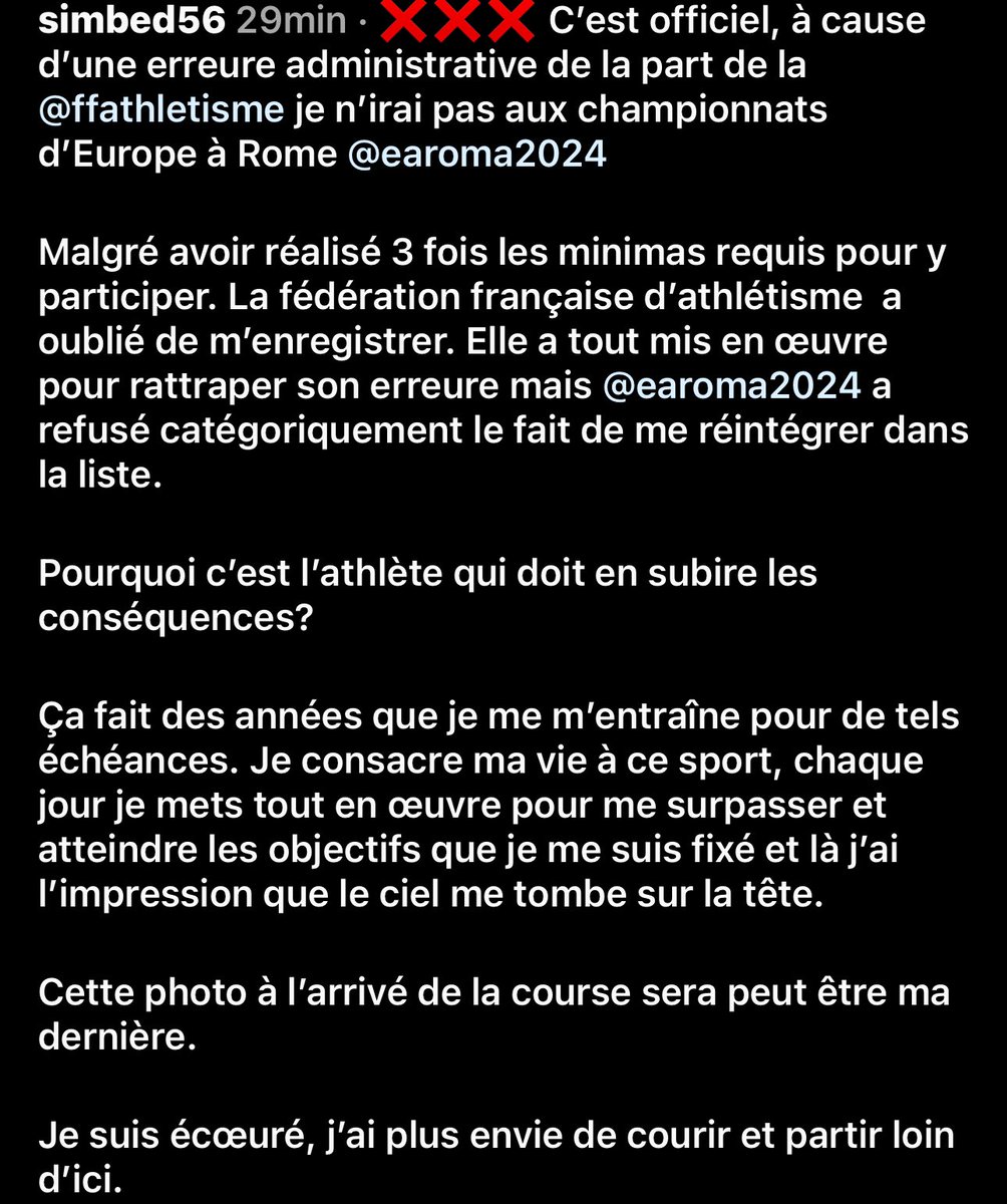 NelsonCarterJr's tweet image. 💔. Simon Bédard sur IG : “Cette photo à l’arrivée de la course sera peut-être ma dernière. 

Je suis écœuré, j’ai plus envie de courir et partir loin d’ici.”
#Roma2024 #Athlétisme