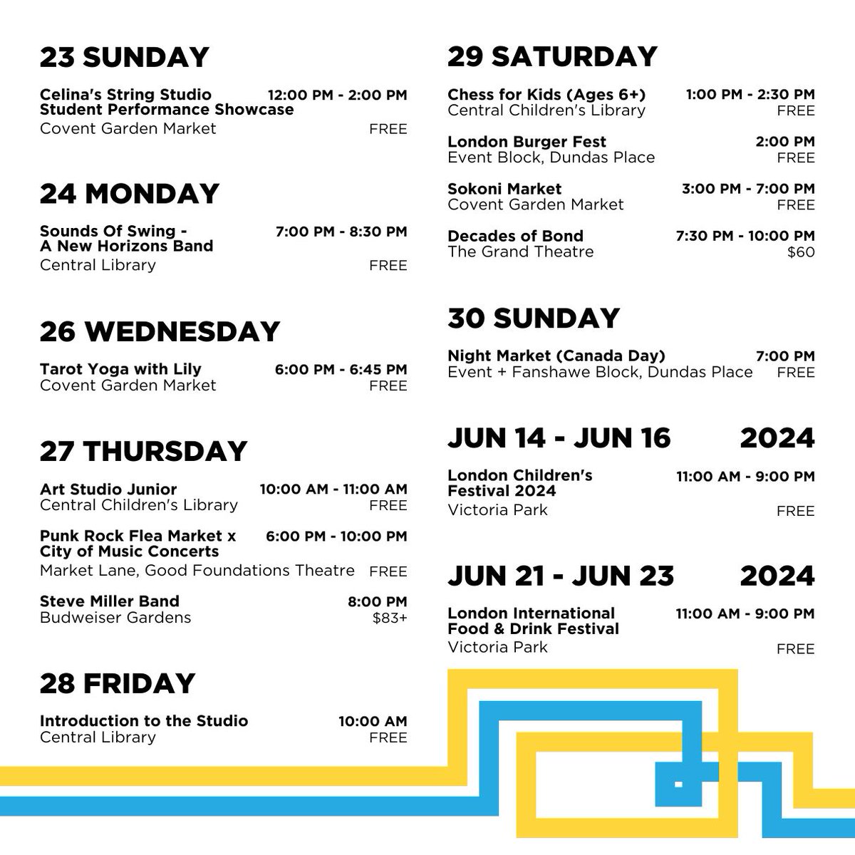 Mark your calendars! 📅 Here’s what’s in store for June! 📌

Swing by our office at 114 Dundas to pick up a physical copy of the calendar. Don't forget to submit your future downtown events at DowntownLondon.ca/Explore-Downto… to get featured 🎉