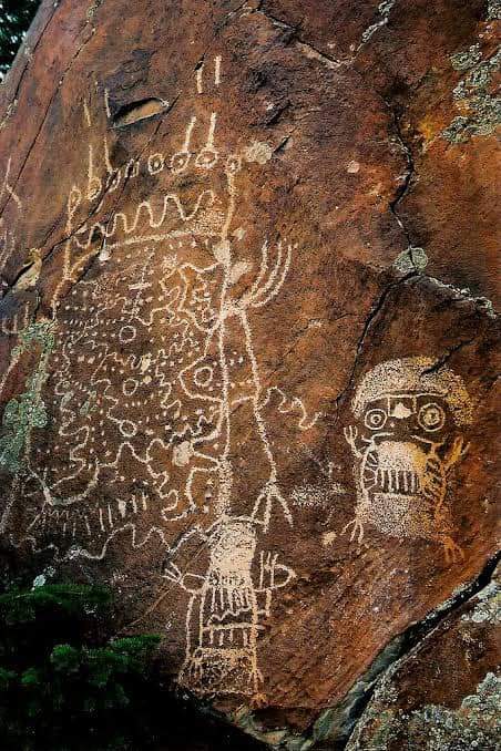 In Wyoming, there are lots of different types of rock art. They can be pictographs, designs painted on rocks, or petroglyphs, designs chipped or chisled into rocks. 

Rock art can be found alone or in large panels comprised of many different figures. A type of rock art unique to