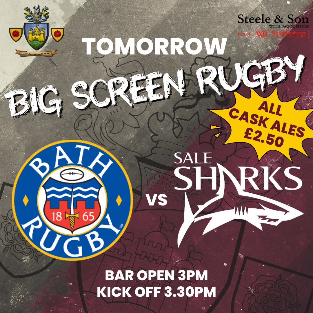 LIVE TOMORROW on the BIG SCREEN @ CLITHEROE RUGBY CLUB! 
🏆 Gallagher Premiership Rugby
🏉 Bath vs. Sale Sharks
⏰ KO - 3.30pm
🍻 BAR OPEN @ 3pm
#weareclitheroerugby #wearemaroonandgold #ribblevalleyrugby #ribblevalley #ribblevalleylife #premiershiprugby