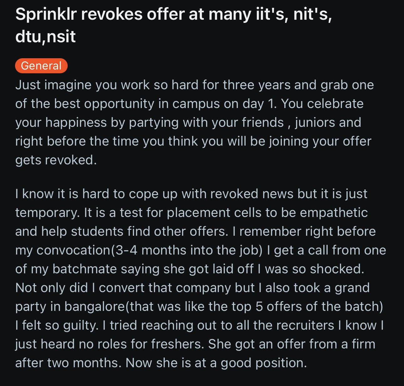 Sprinklr Revokes offers for 2024 batch right before joining leaving them with no option.