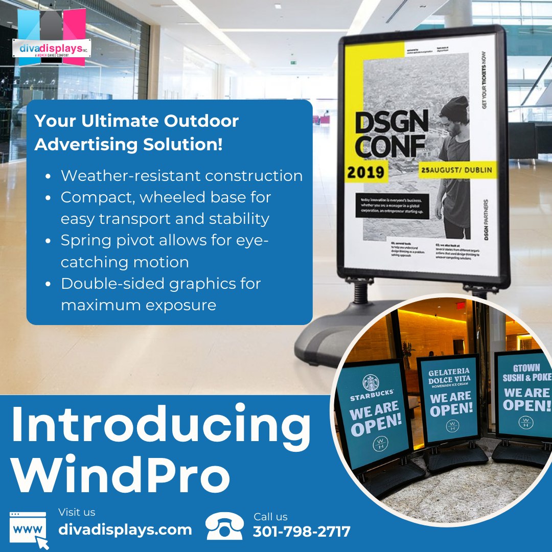 Divadisplaysinc's tweet image. Introducing WindPro: Your Ultimate Outdoor Advertising Solution
Upgrade your outdoor advertising strategy with WindPro. Contact us at 301-798-2717 or visit divadisplays.com
#WindPro #OutdoorAdvertising #DoubleSidedGraphics #StableandSecure #InnovativeDesign #DivaDisplays