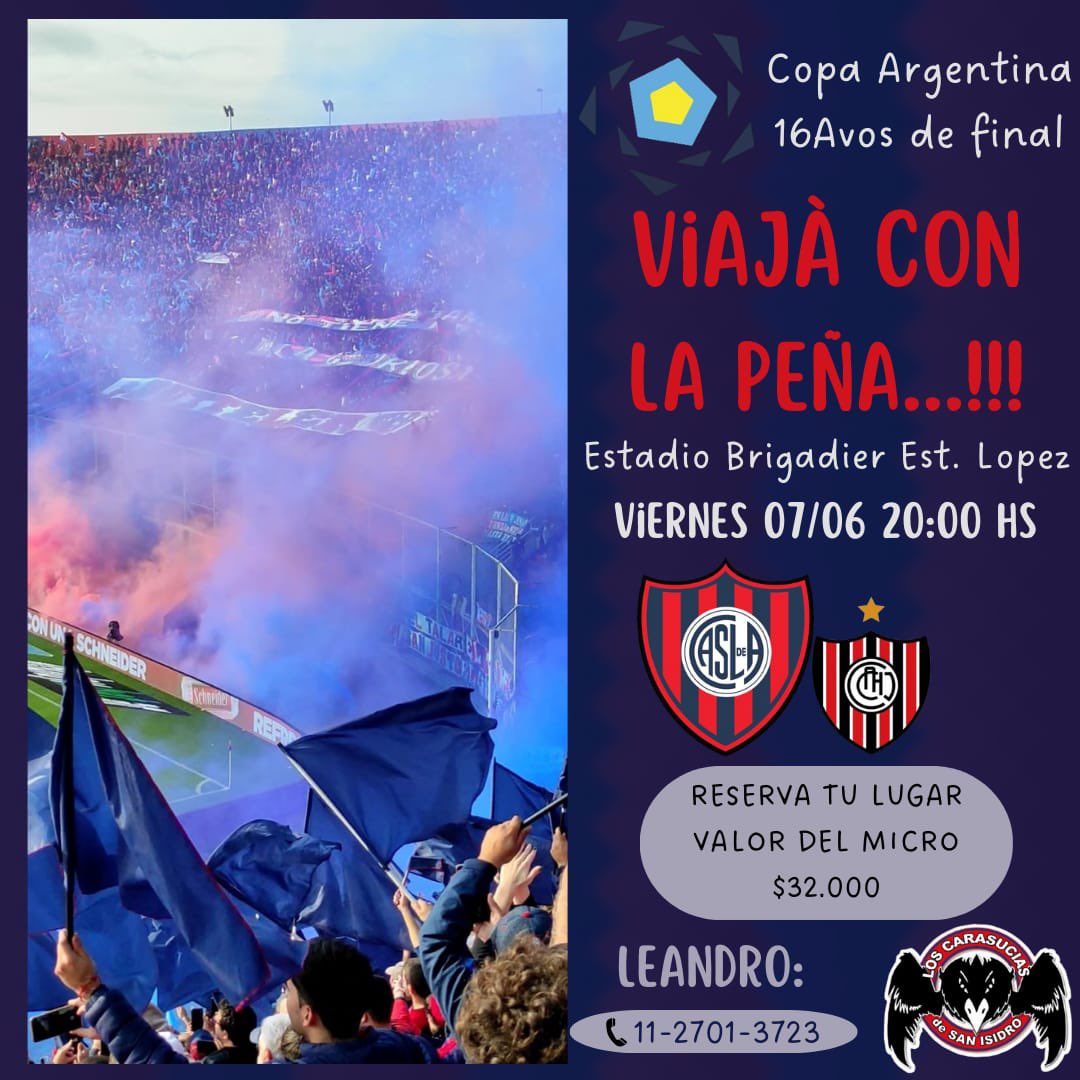 SIGUENDO A BOEDO NO IMPORTA SI ES LEJOS 💙❤️🚍

Viaja con las peñas a Santa Fe para alentar al Ciclon en el partido por los 16avos de final de Copa Argentina.

📍 Lugar de salida: Av. Marquez y Panamericana (Banco Francés)

⏰  HORARIO A CONFIRMAR ENTRE LAS 7 Y 9 DE LA MAÑANA
