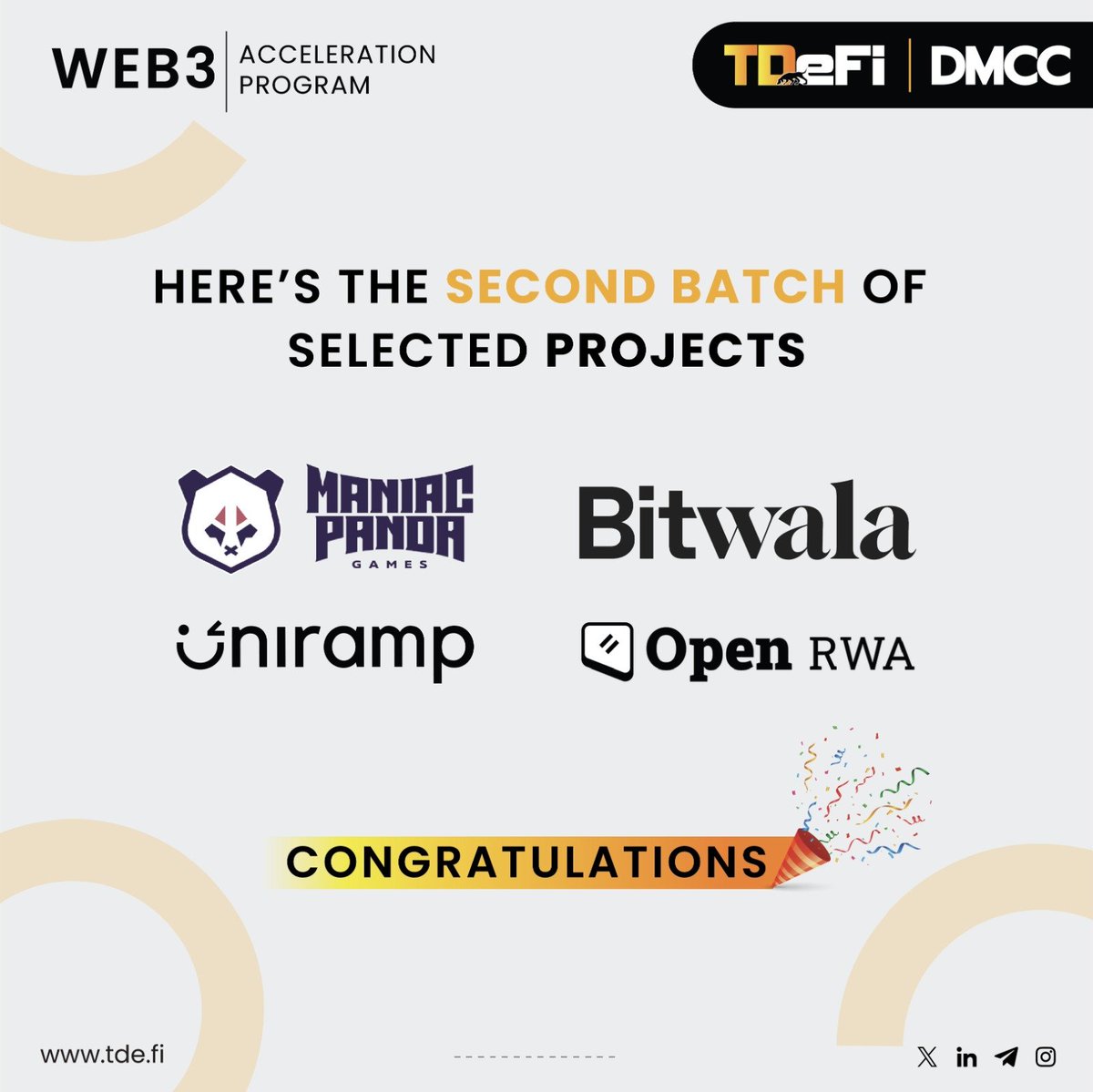 TDe_Fi's tweet photo. 📢  Announcing the 2nd batch of selected projects for Cohort-3 of the TDeFi Web3 Acceleration Program: 
→ @Bitwala  
→ Open RWA(@spydra_io) 
→ @uniramp  
→ Maniac Panda Games

We're excited to support their journey towards innovation and success.

Stay tuned for the announcement of the next batch of selected projects. Want to become a part of Cohort-3? 
We have 1 SLOT LEFT, so hurry up and apply before it's too late!

Register now for cohort: https://t.co/HQxbfbwWz7

@dmcccrypto || @Elysium_VF

#TDeFiAccelerationProgramCohort3 #web3acceleration #CryptoAcceleration #BlockchainAcceleration #entrepreneur #Blockchain