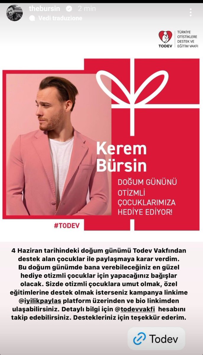 giovannadinapo8's tweet photo. IG Kerem Bursin
DÀ UN BUON COMPLEANNO AI NOSTRI BAMBINI CON AUTISMO!
#TODEV
Ho deciso di condividere il mio compleanno il 4 giugno con i bambini che ricevono il sostegno della Fondazione Todev. Il miglior regalo che puoi farmi per questo compleanno saranno le donazioni https://t.co/FxDH65NQgv