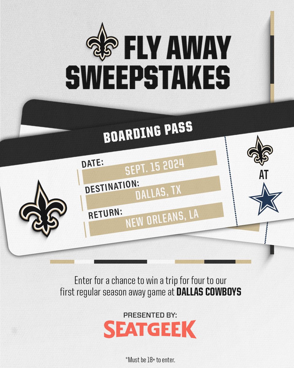 Want 4 tickets to the #Saints @ Dallas game? 
What if we also throw in round trip air fare and hotel stay?

Now's your chance to win a trip to the first away game of the season!

Enter here➡️neworlns.co/4axpo7p
@SeatGeek