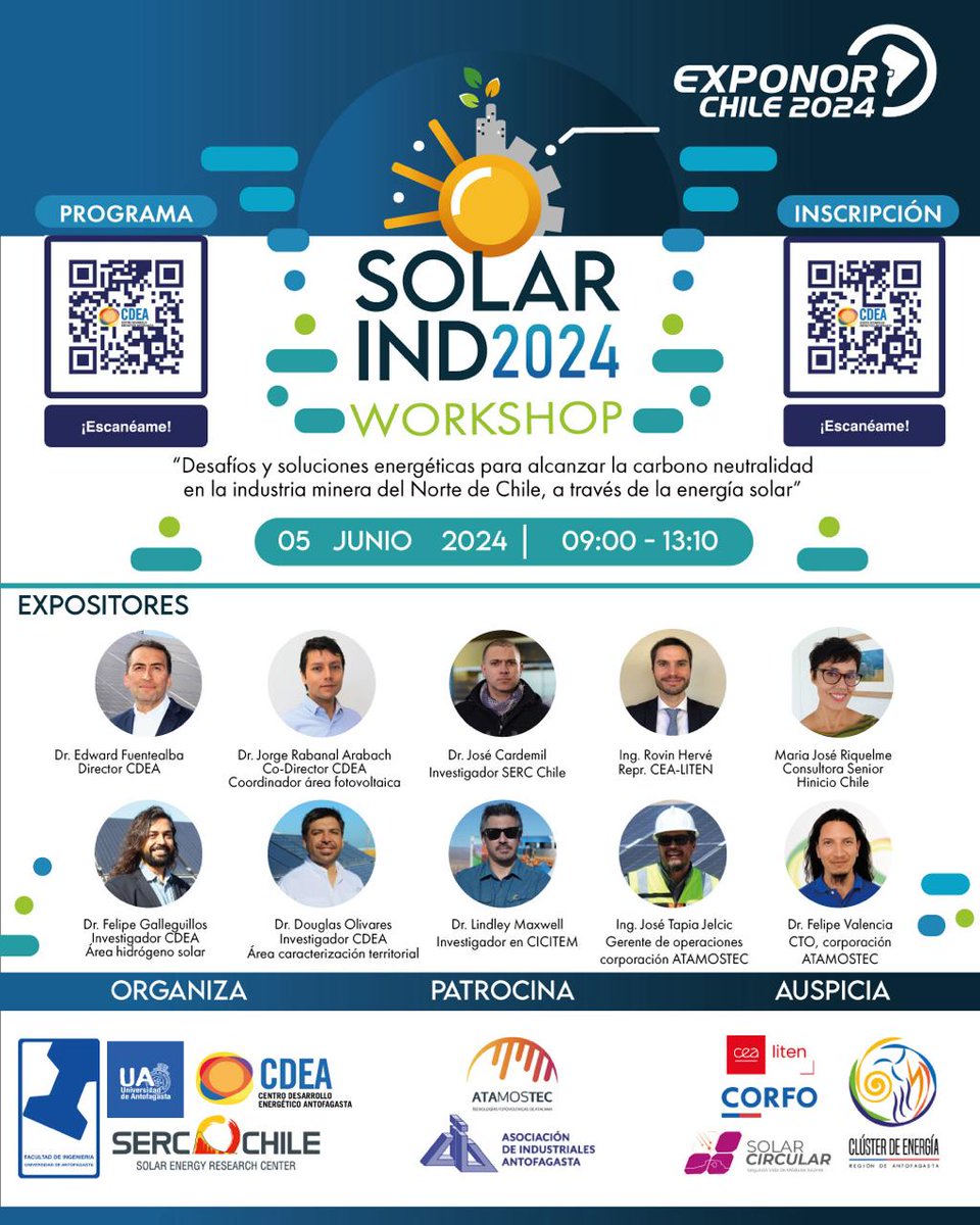 ⭐ ¡Visita #Exponor2024! 📷 Participar del Workshop "Solar IND 2024" a cargo del <a href="/cdeaua/">CDEAUA</a> 

📅5 de #junio 

🕐De 9:00 a 13:10 hrs  

📋Programa: lnkd.in/eqzTbXp3

✅Inscripción: qrfy.com/p/_Sz7m-E01e?u 

Acredita tu visita en acreditacion.exponor.cl / <a href="/exponorcl/">EXPONOR CHILE</a>

<a href="/exponorcl/">EXPONOR CHILE</a>