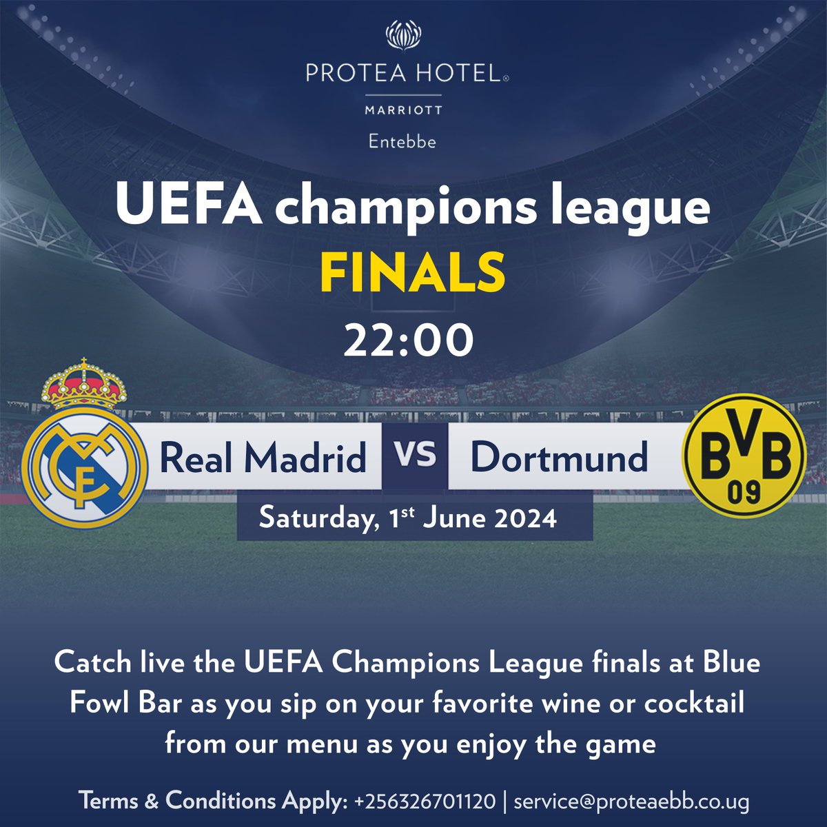 ProteaEntebbe's tweet photo. Join us tomorrow for the UEFA Champions League finals at #BlueFowlBar! Sip on your favorite wine or cocktail from our menu as you enjoy the game. โฝ๐ท๐น
#ProteaEntebbe #ChampionsLeagueFinal https://t.co/7WrLxbojHz