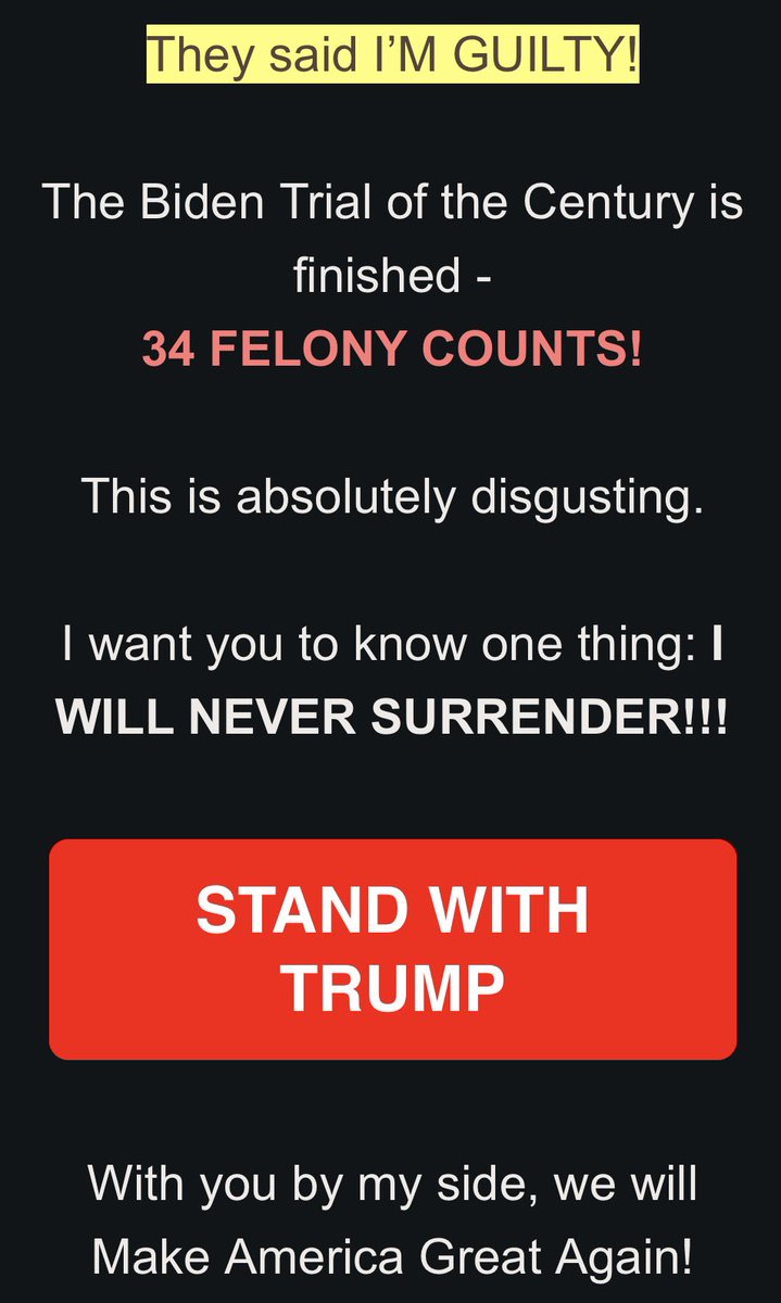 Of course he’s fundraising on the fact that he was convicted of 34 felonies.

“Darkest day”? 
Not Pearl Harbor, not 9/11? The country’s darkest day was when a court convicted a criminal con man of crimes? What a delusional narcissist.