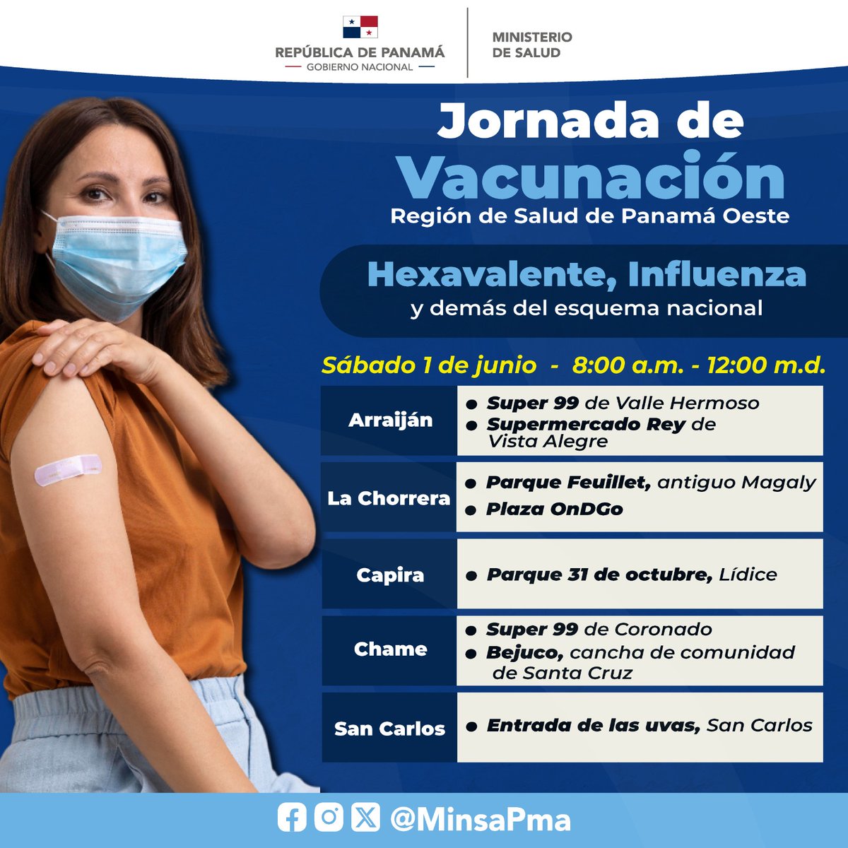 Te invitamos a participar de la Jornada de Vacunación en la Región de Salud de Panamá Oeste, este 1 de junio, de las 8:00 a.m. a 12:00 m.d., en donde ofreceremos la vacunas Hexevalente, Influenza y demás dosis del esquema nacional, totalmente gratis.