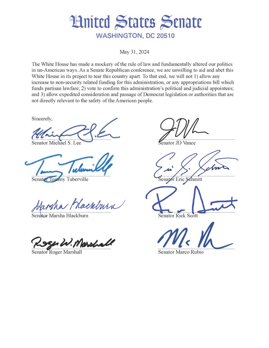 Strongly worded statements are not enough. Those who turned our judicial system into a political cudgel must be held accountable. We are no longer cooperating with any Democrat legislative priorities or nominations, and we invite all concerned Senators to join our stand.