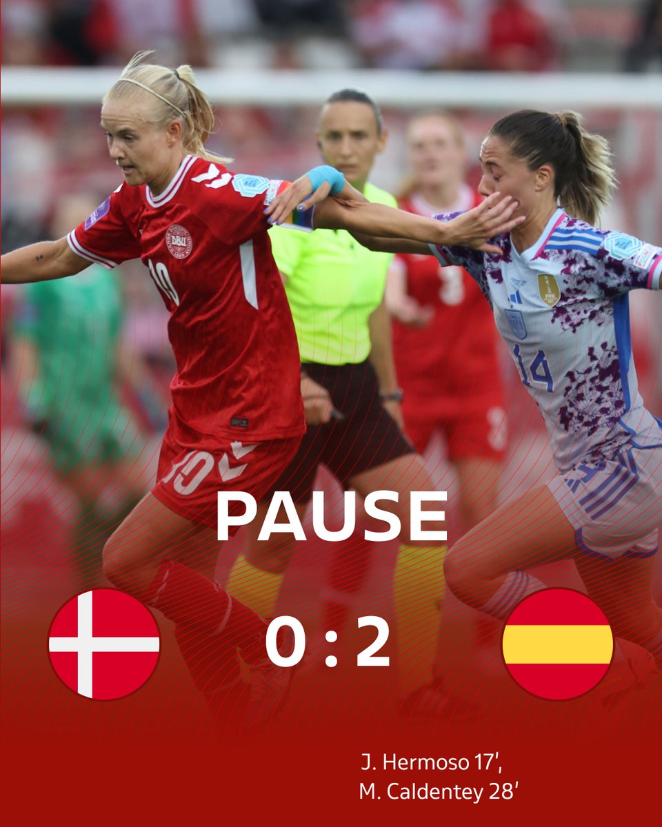 Spanien fører ved pausen. Vi er bagud 0-2 efter de første 45 minutter, hvor de spanske verdensmestre har domineret. Vi går efter comebacket i 2. halvleg, som du kan se på DR2 👊 #ForDanmark #WEURO2025