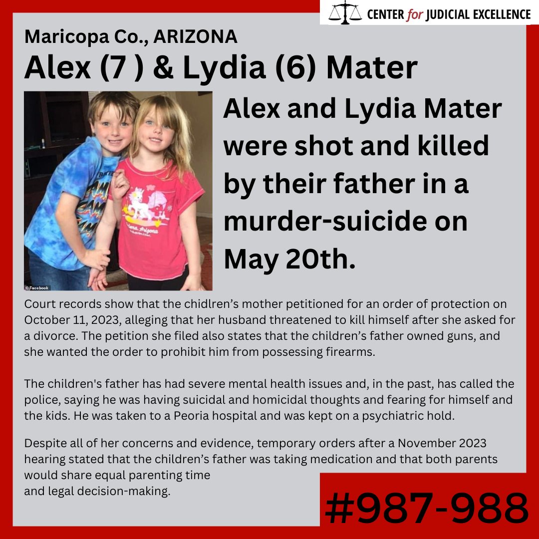 JudicialCenter's tweet photo. In May 2024, 7-year-old Alex and 6-year-old Lydia Mater were shot and killed by their father in a murder-suicide during a weekend visit. 

The children's father has had severe mental health issues and, in the past, has called the police, saying he was having suicidal and https://t.co/jQR3yU4jQo