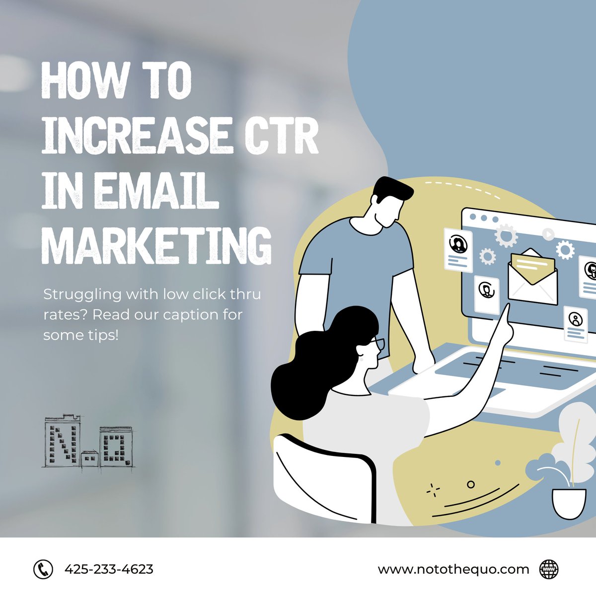 Boost your email CTR! Tips to improve:
1. Catchy Subject Lines: Draw them in to read more!
2. Personalize: Use names &amp; past interactions for a tailored touch.
3. Clear CTAs: Use vibrant buttons &amp; concise messages.
Elevate your campaigns with No To The Quo! notothequo.com