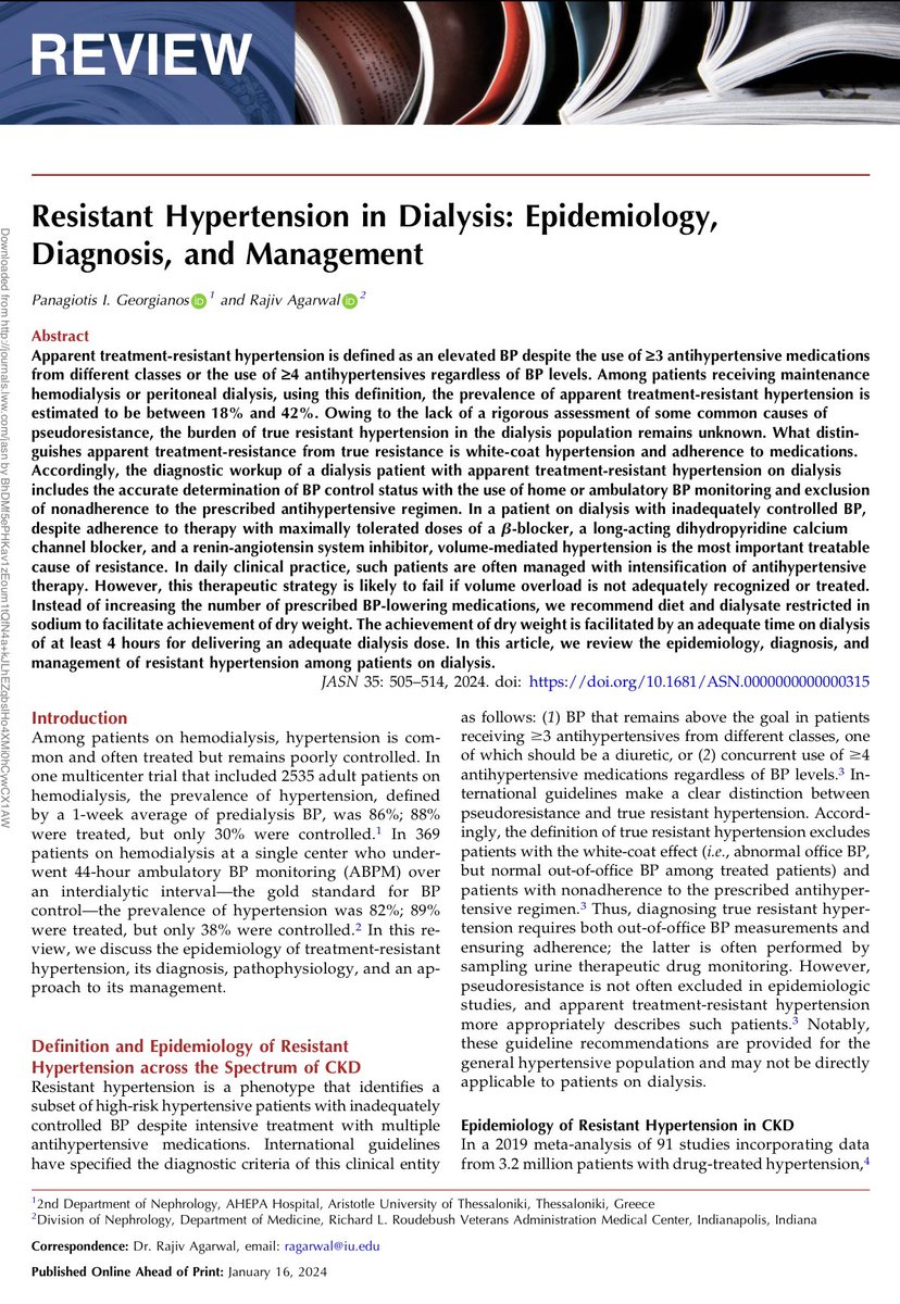Resistant Hypertension in Dialysis: Epidemiology, Diagnosis, and Management
@JASN_News
🧵summarizing the Management
 journals.com/jasn/fulltext/…
