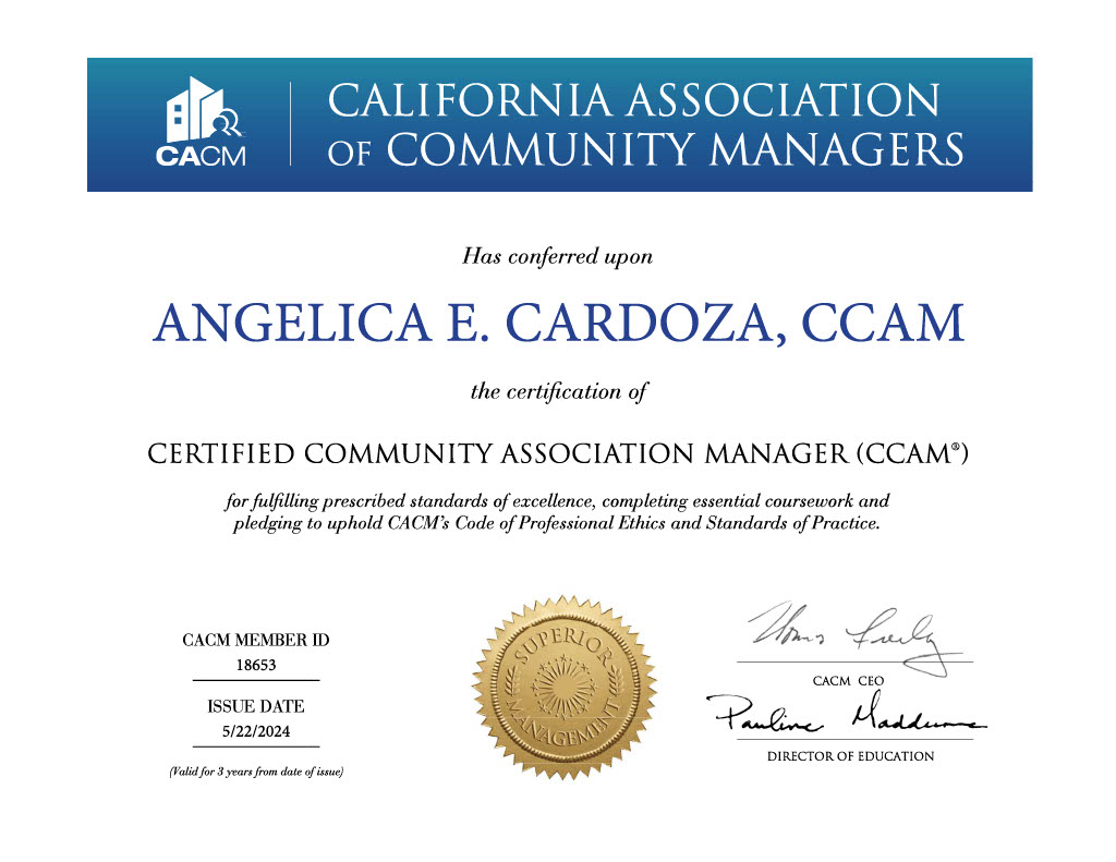 Look out world, Angelica Cardoza is a Certified Community Association Manager! Congratulations Angelica on this achievement!
Want to become #CaliforniaCertified like Angelica? Tap the link below for more information on how. #CACM #HOA #CCAM

cacm.org/credentialing/…