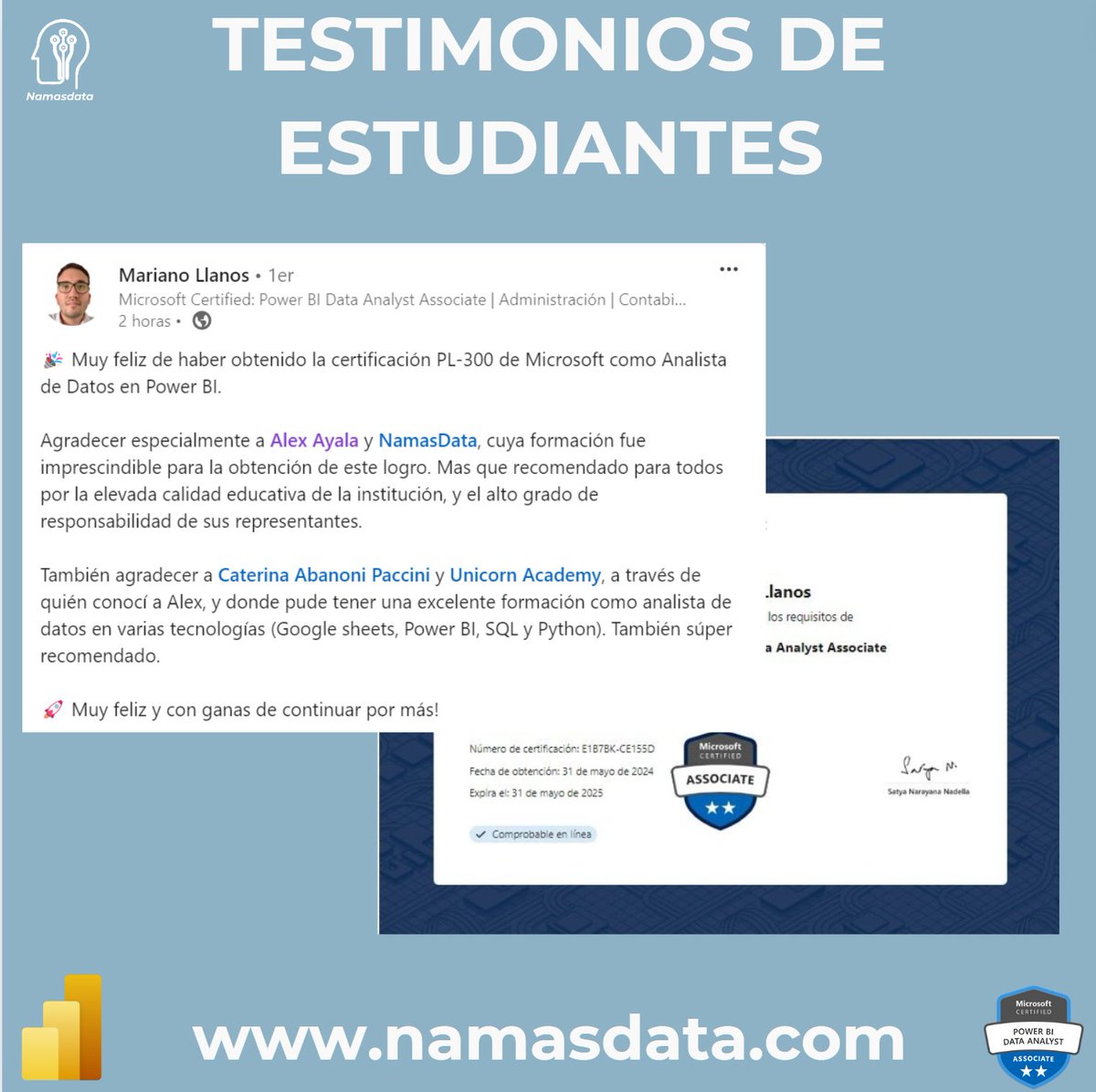 El ritmo de certificaciones PL-300 que se están consiguiendo supera con creces mis mejores expectativas. 🎉📈

Muchas gracias por la confianza depositada y enhorabuena por vuestros éxitos. 👏✨

Hoy felicitamos a Mariano Llanos. 🥳🏆