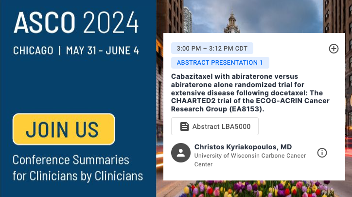 urotoday's tweet photo. Excited for Christos Kyriakopoulos to present on cabazitaxel with abiraterone vs abiraterone alone for extensive disease following docetaxel: The #CHAARTED2 trial of the @eaonc (EA8153) at #ASCO24! Critical insights ahead! #ProstateCancer #Oncology #ClinicalTrials @ASCO https://t.co/jjnFa4w3yI