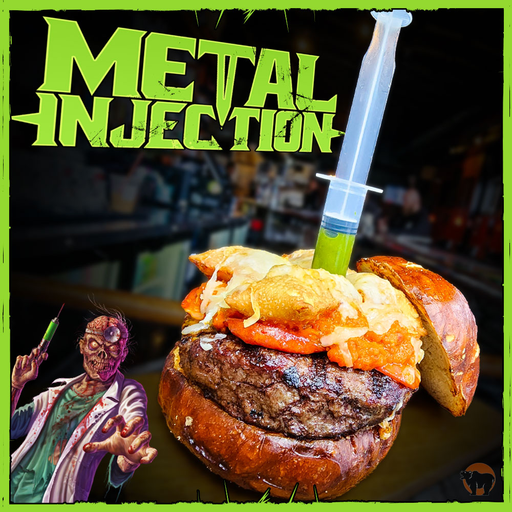 Today is your last chance to eat the @metalinjection BOTM!
Kuma’s Angus Beef Patty ( or choice of protein), House-made Pizza Sauce, Pepperoni, Deep-Fried Pizza Rolls, Shredded Mozzarella, and a Syringe of Basil Vinaigrette.