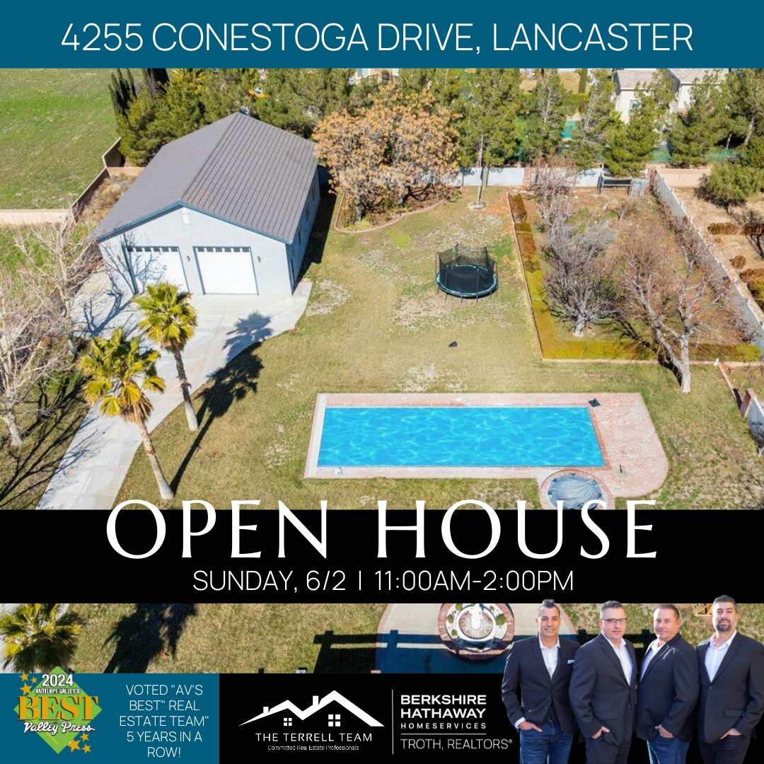 DougTerrell3's tweet image. 💥🏘𝑶𝑷𝑬𝑵 𝑯𝑶𝑼𝑺𝑬!! 𝑺𝑼𝑵𝑫𝑨𝒀 6/2 11𝑨𝑴-2𝑷𝑴🏘💥
Hosted by 𝑻𝑯𝑬 𝑻𝑬𝑹𝑹𝑬𝑳𝑳 𝑻𝑬𝑨𝑴.....
4255 Conestoga Drive, Lancaster CA.
Single-story estate on nearly an acre!
Call or text for more information  661-803-0269