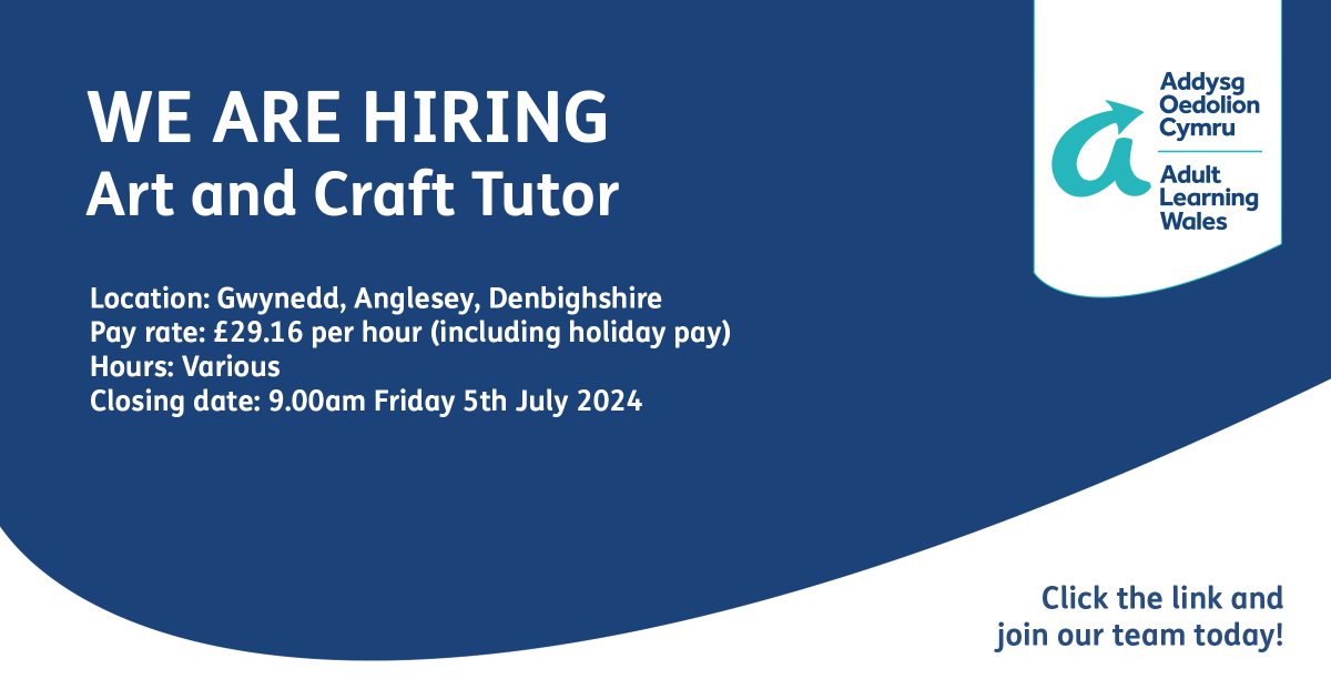 We are hiring! adultlearning.wales/en/jobs

#adultlearningwales #jobs #job #wales #hiring #recruiting #work #tutor #teaching #artandcraft #gwynedd #anglesey #denbighshire