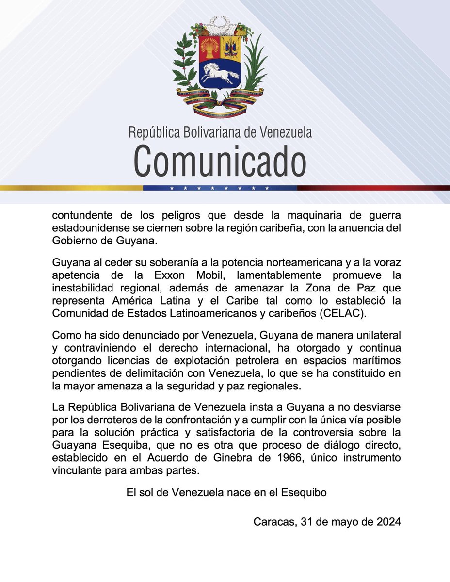 #Comunicado 📢 Venezuela rechaza el Comunicado emitido por la Comunidad del Caribe (CARICOM) de fecha 29 de mayo de 2024, sobre la conclusión de la 27a Reunión del Consejo de Relaciones Exteriores y Comunitarias (COFCOR), en particular lo relativo a la Controversia