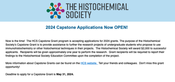 histochemnews's tweet photo. DEADLINE ALERT! Today is your FINAL DAY to apply for an HCS Capstone Grant!    

Click to apply: https://t.co/LZj6hHFrSY 

#scicomm #AcademicTwitter #AcademicChatter #STEMeducation https://t.co/8YPgElvcyq
