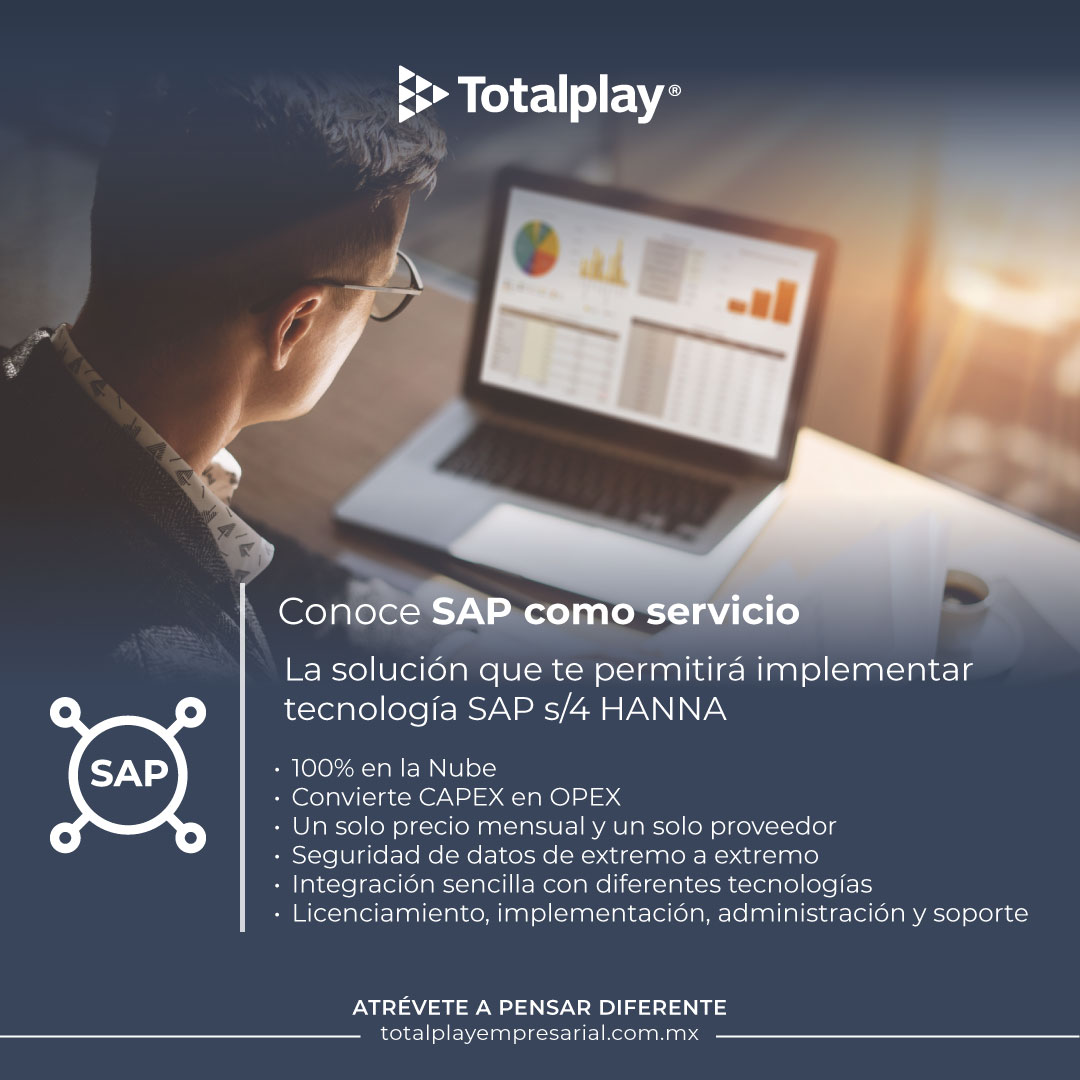 La Unidad Empresarial y de Gobierno de Totalplay pone a tu disposición SAP como servicio, la solución  flexible, ágil y rentable que te permitirá centralizar datos y optimizar procesos complejos del negocio.
Conoce más llamando 800 188 0002 para ser atendido por uno de nuestros