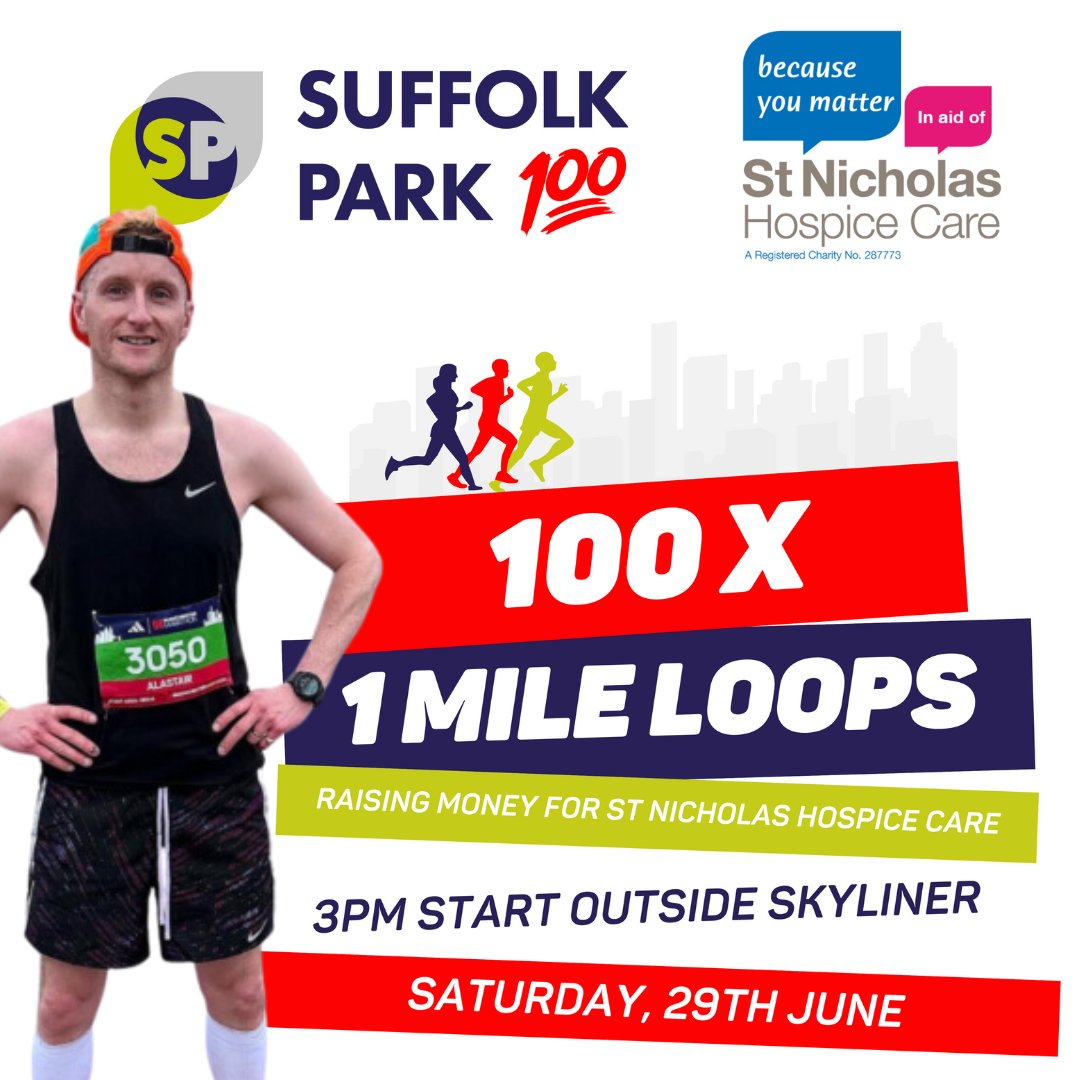 Local running legend Alastair Angus will run 100 miles in under 24 hours for St Nic's. Support him or even run alongside him from 3pm on 29 June outside Skyliner Sports Centre, Bury St Edmunds, where he’ll do 100 one-mile laps of Suffolk Park. justgiving.com/page/alastair-….