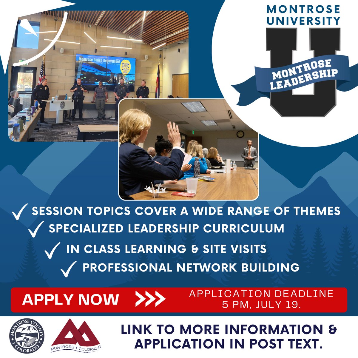 One month left to apply for the 2024/25 Montrose U cohort. Time flies when you’re having fun, so don’t let the summer run away with you, apply today.
Applications are due by July 19, 2024, at 5 pm.
Classes start on August 16, 2024.
Find out more &amp; apply: CityofMontrose.org/Leadership